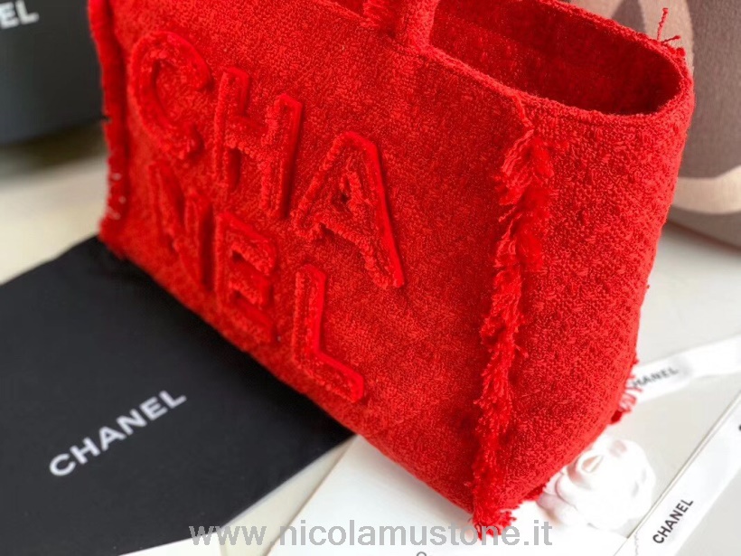 Originální Kvalitní Tvídová Nákupní Taška Chanel 30cm Zlatý Hardware Kolekce Jaro/léto 2020 červená