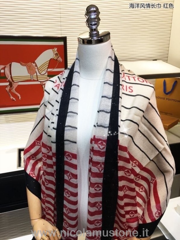 Originální Kvalita Louis Vuitton šátek šátek 200cm Kolekce Podzim/zima 2020 Tmavě Modrá/červená