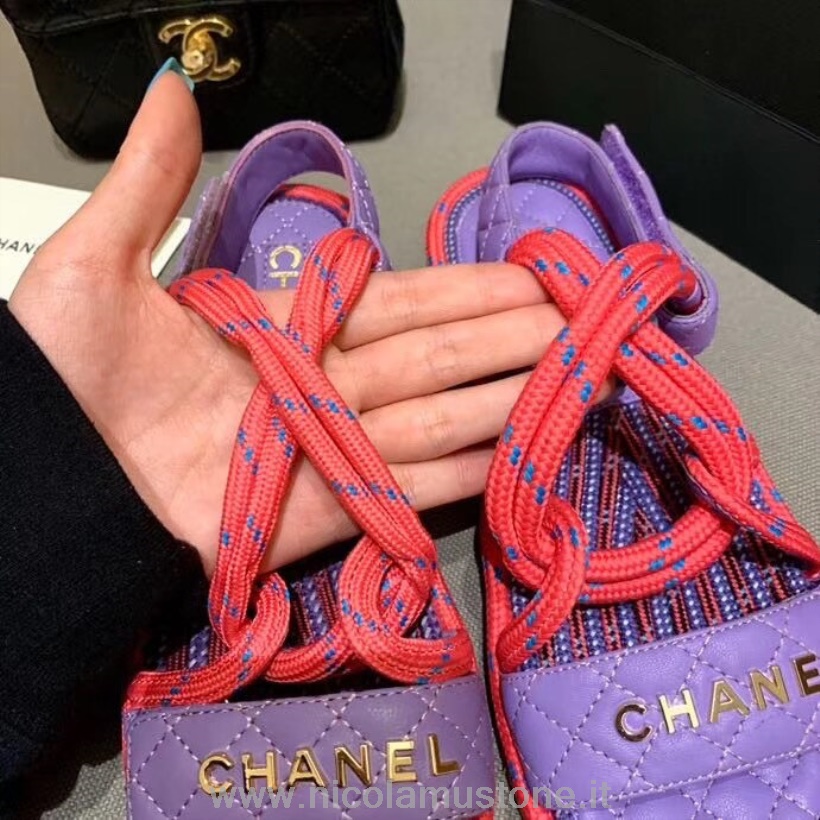 Originální Kvalitní Chanel Lano Na Suchý Zip Páskové Sandály Teletina Kůže Kolekce Jaro/léto 2020 Fialová/růžová