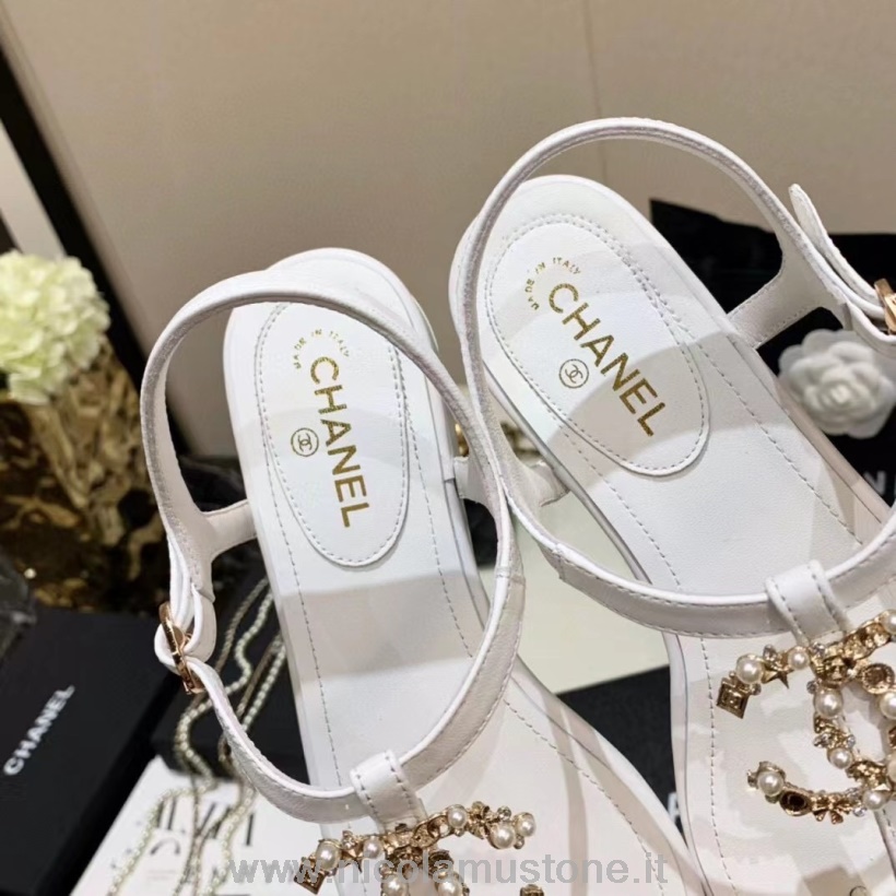 Originální Kvalita Chanel Cc Logo Tanga Sandály Plátno/jehněčí Kůže Kolekce Jaro/léto 2021 Bílá