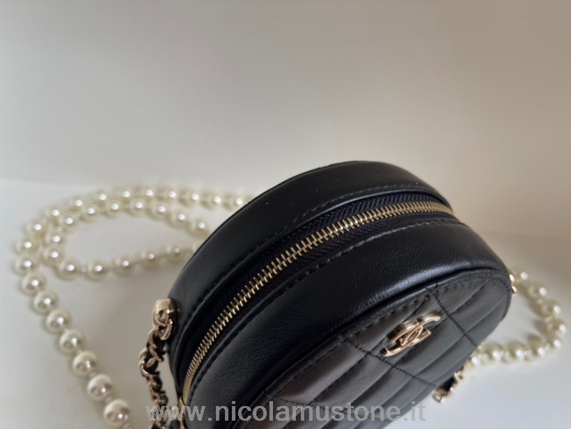 Originální Kvalitní Chanel Perlový řetízek Kulatá Kabelka Na Mince 12cm Zrnitá Teletina Kůže Zlatý Hardware Kolekce Jaro/léto 2022 černá