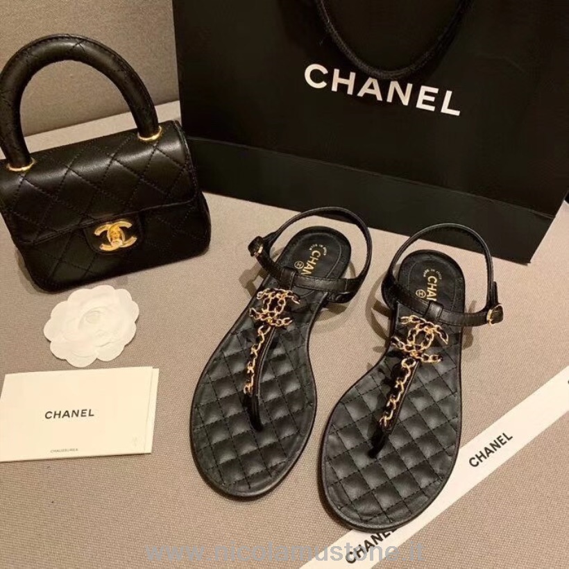 Originální Kvalita Chanel Cc Logo Prošívaná Tanga Sandály Teletina Kůže Jaro/léto 2020 Akt 2 Kolekce černá