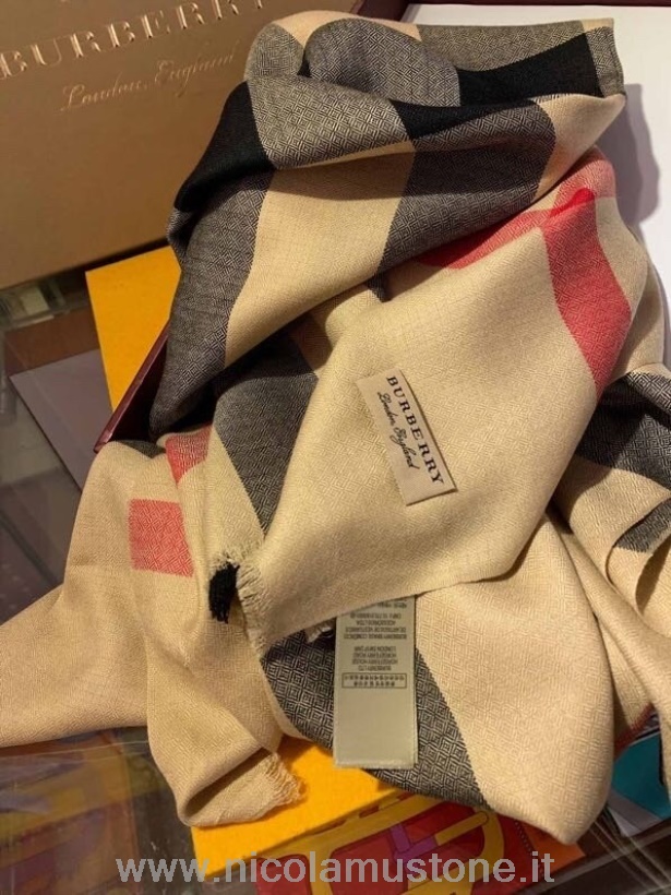 Originální Kvalitní Burberry šek Kašmírový šál šátek 200cm Kolekce Podzim/zima 2020 Béžová/červená