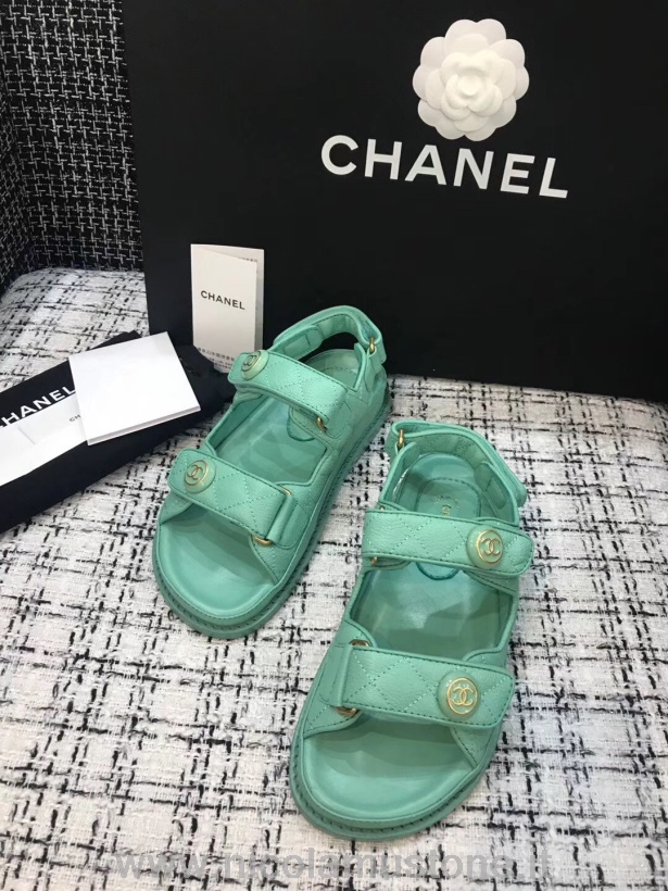Originální Kvalitní Chanel Plážové Sandály Na Suchý Zip Teletina Kůže Jaro/léto 2020 Akt 2 Kolekce Tyrkysová