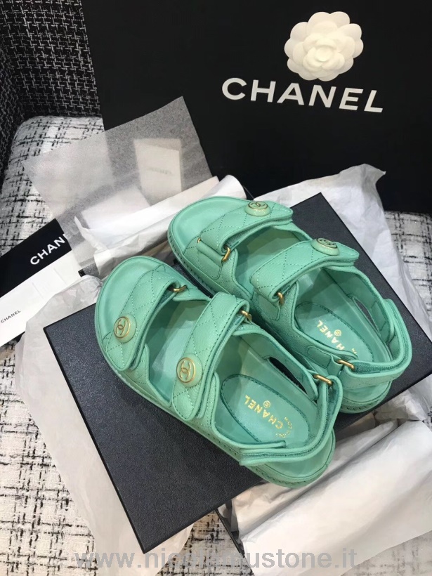 Originální Kvalitní Chanel Plážové Sandály Na Suchý Zip Teletina Kůže Jaro/léto 2020 Akt 2 Kolekce Tyrkysová