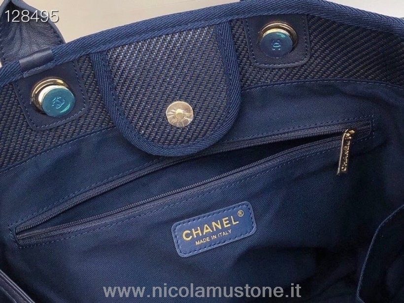 Originální Kvalitní Kabelka Chanel Deauville 40cm Plátěná Taška A066941 Kolekce Podzim/zima 2020 Tmavě Modrá