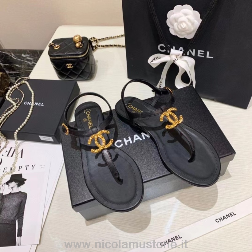 Originální Kvalita Chanel Cc Logo Tanga Sandály Plátno/jehněčí Kůže Kolekce Jaro/léto 2021 černá/zlatá