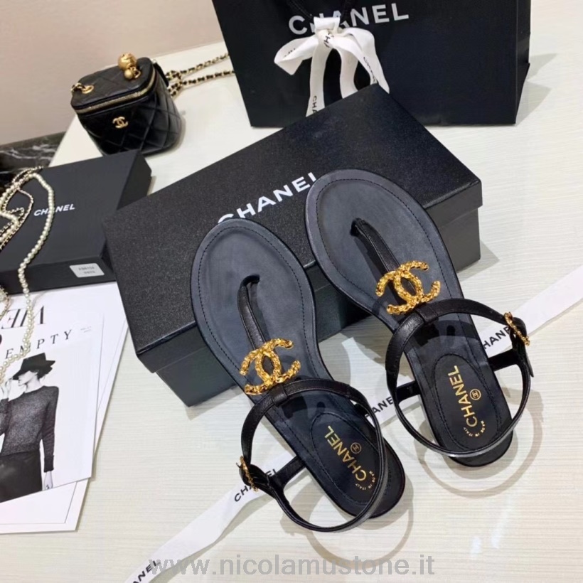 Originální Kvalita Chanel Cc Logo Tanga Sandály Plátno/jehněčí Kůže Kolekce Jaro/léto 2021 černá/zlatá