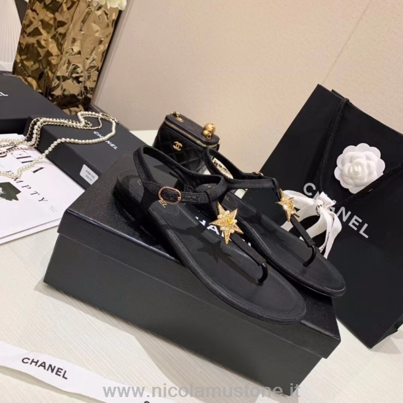 Originální Kvalitní Chanel Star Tanga Sandály Plátno/jehněčí Kůže Kolekce Jaro/léto 2021 černá