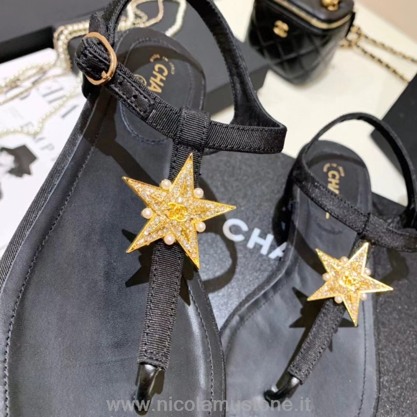 Originální Kvalitní Chanel Star Tanga Sandály Plátno/jehněčí Kůže Kolekce Jaro/léto 2021 černá