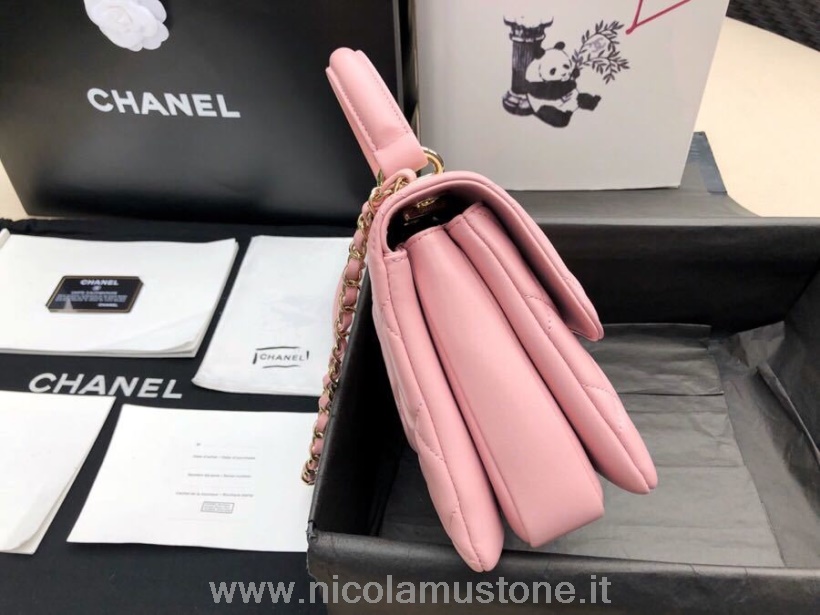 Originální Kvalita Chanel Trendy Cc Taška S Horní Rukojetí 25cm Teletina Kůže Zlatá Hardware Jaro/léto 2019 Akt 1 Kolekce Světle Růžová