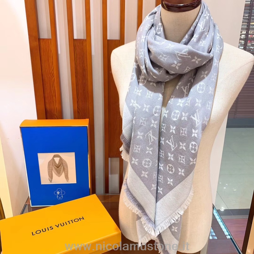 Originální Kvalita Louis Vuitton Denim Monogram Vlněný šátek 140cm Podzim/zima 2019 Kolekce M71540 Denim Silver