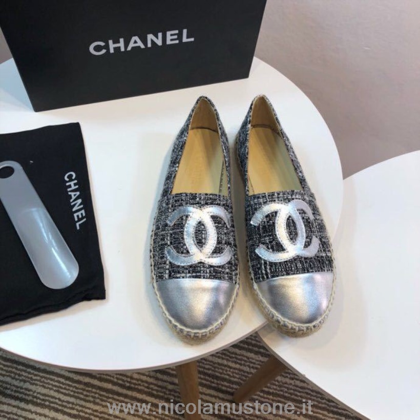 Originální Kvalitní Chanelové Vícebarevné Tvídové Espadrilky S Kovovou špičkou Z Jehněčí Kůže Jaro/léto 2017 Akt 2 černá/šedá