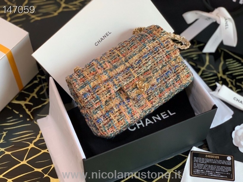 Originální Kvalitní Chanel Mini Kabelka S Klopou 20cm Tvíd/jehněčí Kůže Kolekce Podzim/zima 2019 Béžová/multi