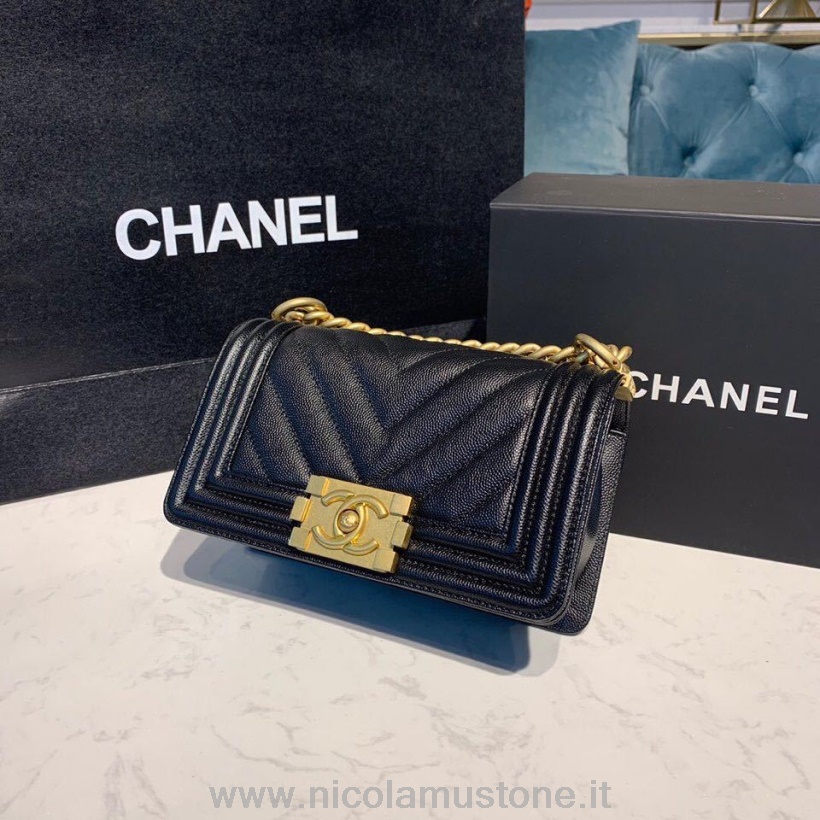 Originální Kvalitní Chanel Chevron Chlapecká Taška 20cm Kaviárová Kůže Starožitné Zlaté Hardware Podzim/zima 2019 Akt 1 Kolekce černá