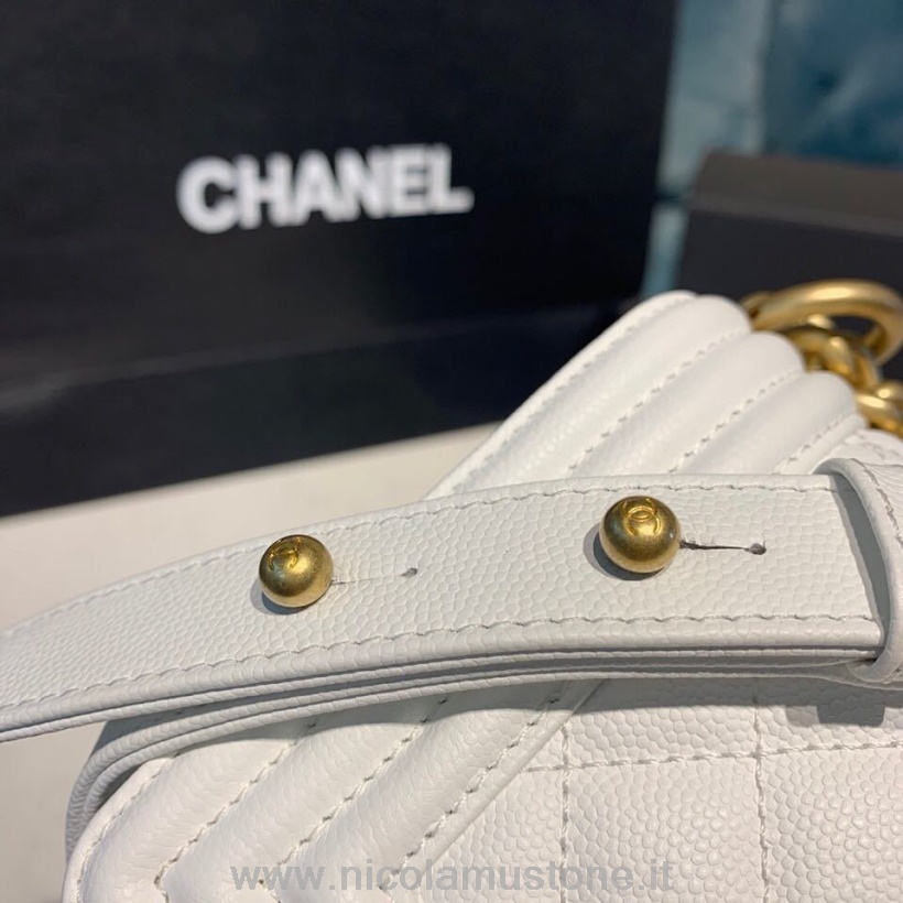 Originální Kvalitní Chanel Prošívaná Chlapecká Taška 20cm Kaviárová Kůže Starožitné Zlaté Hardware Podzim/zima 2019 Akt 1 Kolekce Bílá