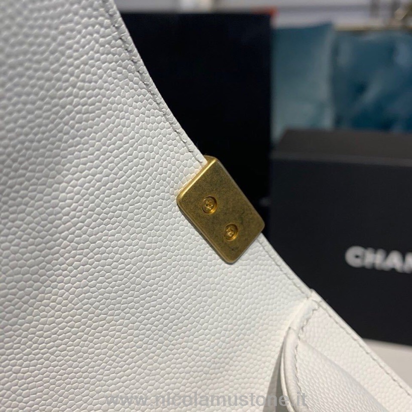 Originální Kvalitní Chanel Prošívaná Chlapecká Taška 20cm Kaviárová Kůže Starožitné Zlaté Hardware Podzim/zima 2019 Akt 1 Kolekce Bílá
