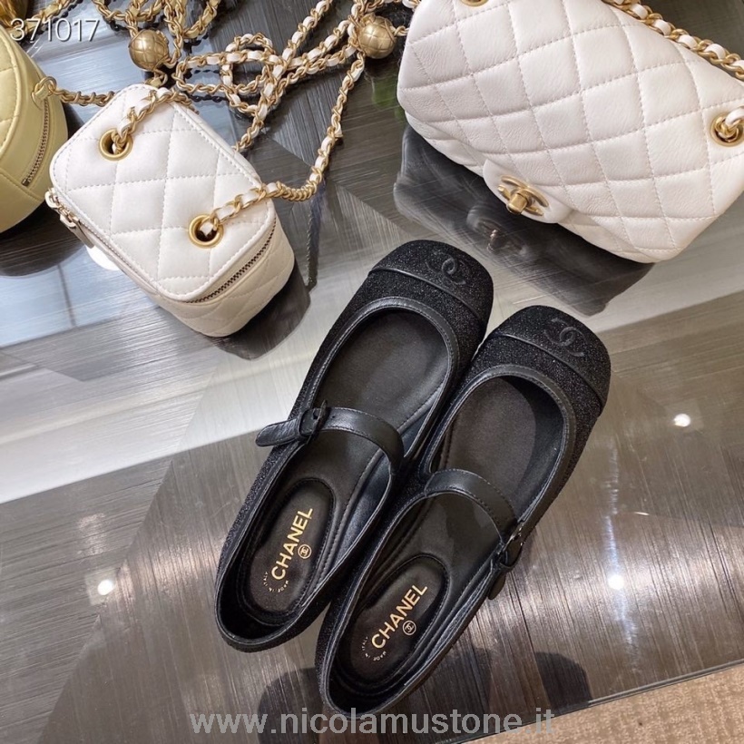 Originální Kvalita Chanel Mary Jane Flats Třpytky/telecí Kůže Kolekce Jaro/léto 2021 černá