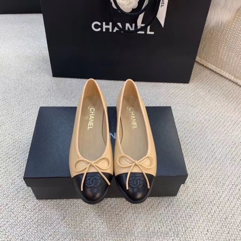 Originální Kvalitní Balerínky Chanel Telecí Kůže Kolekce Jaro/léto 2020 Béžová/černá