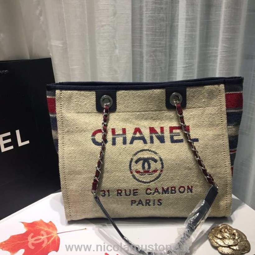 Originální Kvalitní Kabelka Chanel Deauville 34cm Plátěná Taška Kolekce Jaro/léto 2019 Béžová/červená/multi