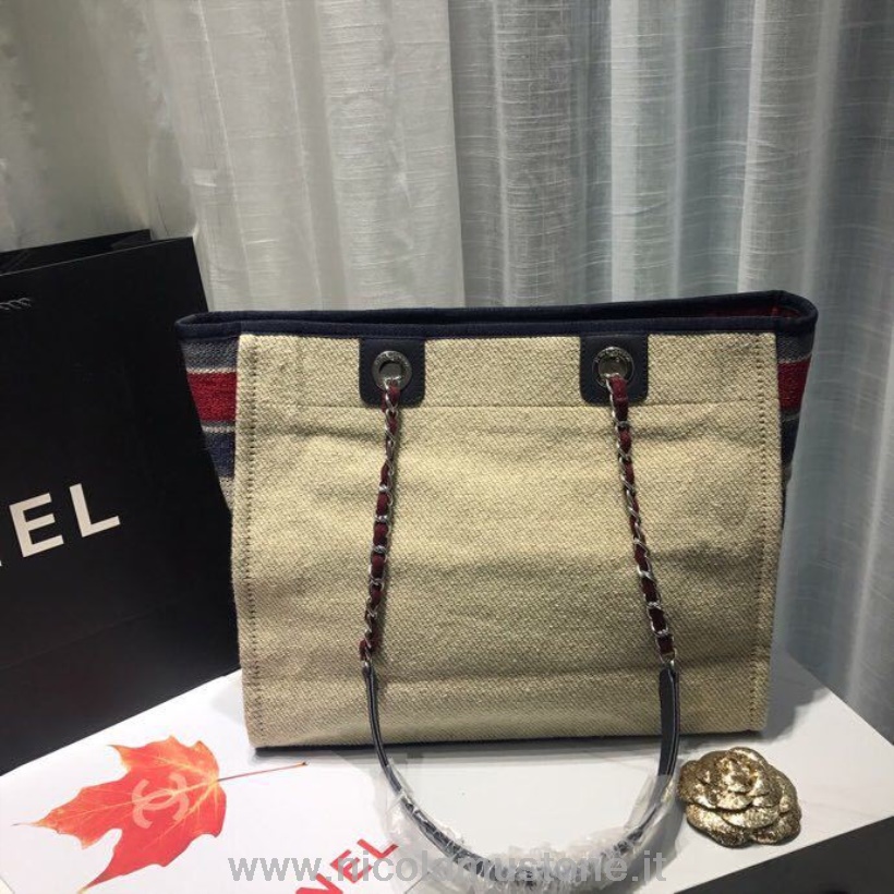 Originální Kvalitní Kabelka Chanel Deauville 34cm Plátěná Taška Kolekce Jaro/léto 2019 Béžová/červená/multi
