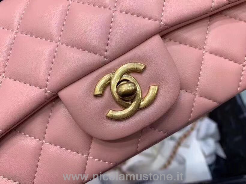 Originální Kvalita Chanel Nová Mini Kabelka S Klopou 20cm Zlatý Hardware Jehněčí Kůže Kolekce Jaro/léto 2019 Světle Růžová