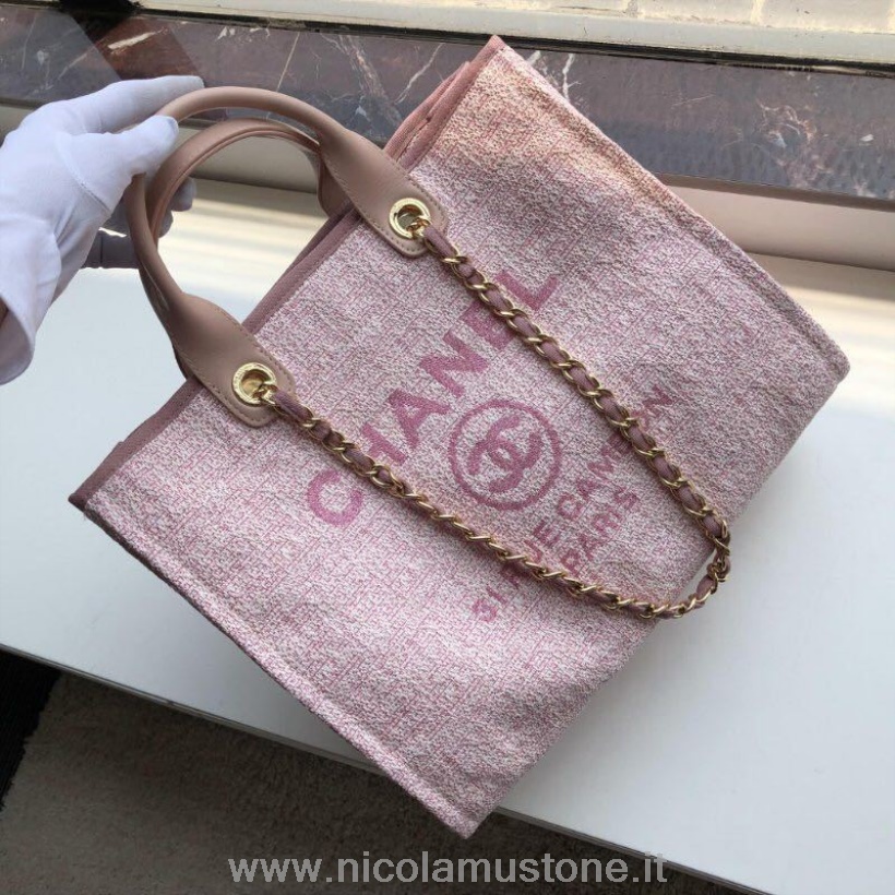 Originální Kvalitní Kabelka Chanel Deauville 38cm Plátěná Taška Z Rafie Kolekce Podzim/zima 2019 Zaprášená Růžová/bílá