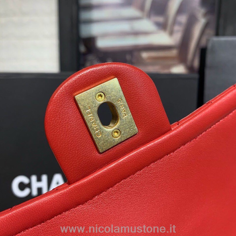 Originální Kvalitní Kabelka Na řetízek Chanel 20cm Zlaté Kování Jehněčí Kůže Kolekce Podzim/zima 2019 červená