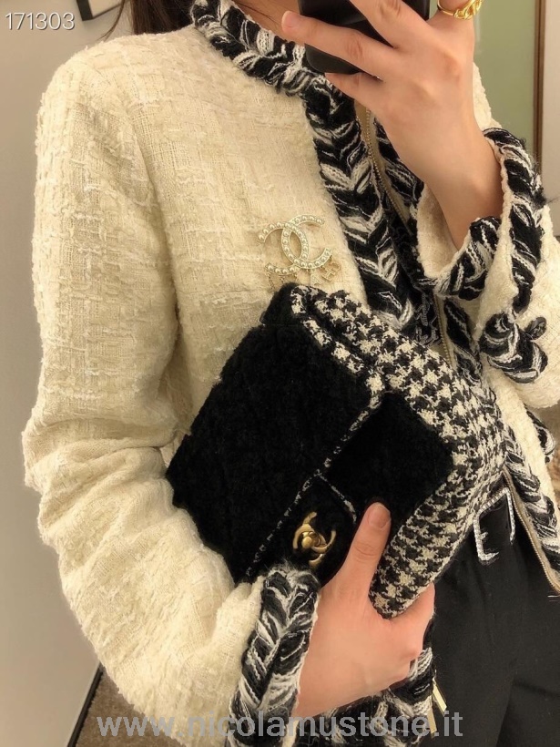 Originální Kvalitní Chanel Tkaná Taška S Klopou 22cm Vlna/bavlna Zlaté Kování Podzim/zima 2020 Kolekce černá
