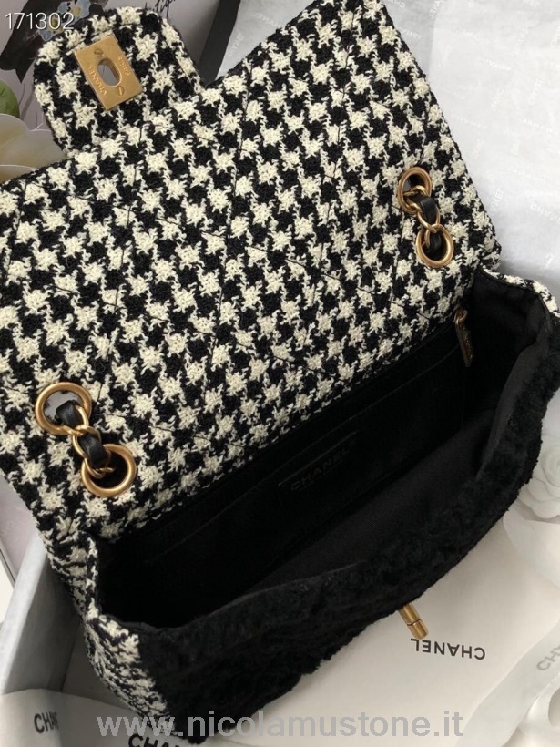 Originální Kvalitní Chanel Tkaná Taška S Klopou 22cm Vlna/bavlna Zlaté Kování Podzim/zima 2020 Kolekce černá