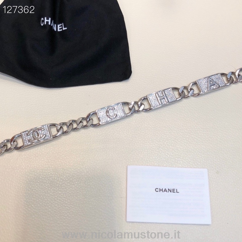 Originální Kvalitní Logo Chanel Křišťálově Zdobené řetízkové Poutko V Pase Stříbrný Hardware Kolekce Podzim/zima 2020 Stříbrný