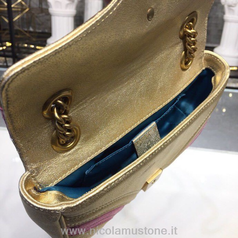 Originální Kvalita Gucci Gg Marmont Matelasse Mini Taška 22cm Teletina Kůže 446744 Kolekce Jaro/léto 2019 Růžová/zlatá Metalíza