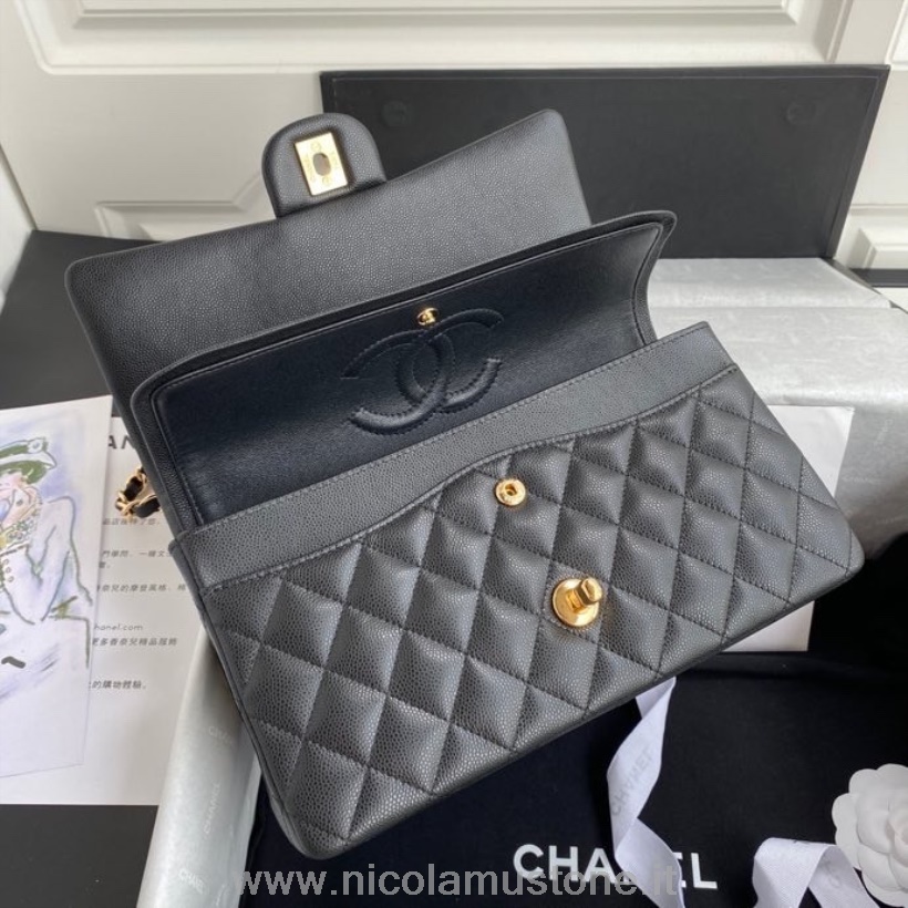 Originální Kvalitní Chanel Klasická Taška S Klopou 25cm Zrnitá Teletina Kůže Zlatý Hardware Cruise Jaro/léto 2022 Kolekce černá