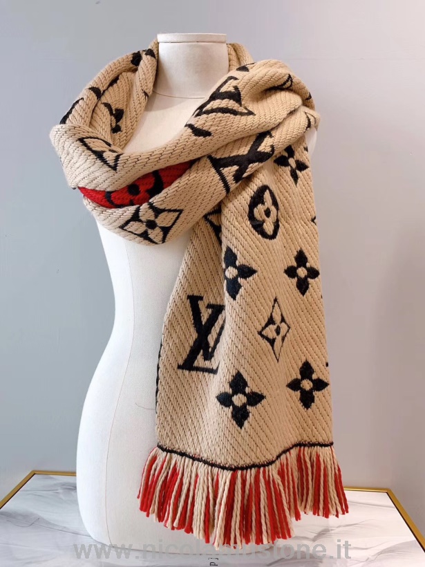 Originální Kvalita Louis Vuitton Logomania Monogram Vlna/hedvábný šátek 180cm Kolekce Podzim/zima 2019 M73886 Béžová