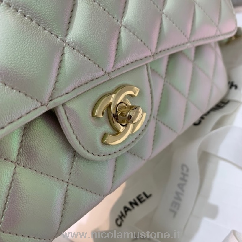 Originální Kvalitní Chanel Duhová Klasická Taška S Klopou 25cm Jehněčí Kůže Zlaté Kování Výletní Kolekce Jaro/léto 2022 Perleťově Bílá