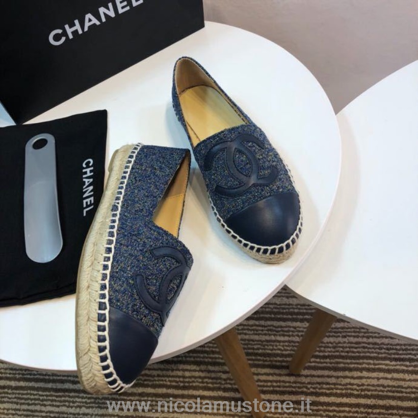 Originální Kvalitní Chanel Multicolor Tvídové Espadrilky S Jehněčí špičkou Kolekce Jaro/léto 2017 Akt 2 Tmavě Modrá