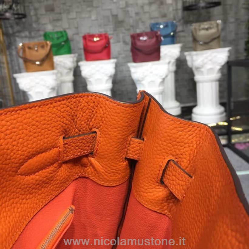 Originální Kvalitní Taška Hermes So Kelly 26cm Taška Z Teletiny Taška Z Palladia Ručně šitá Oranžová