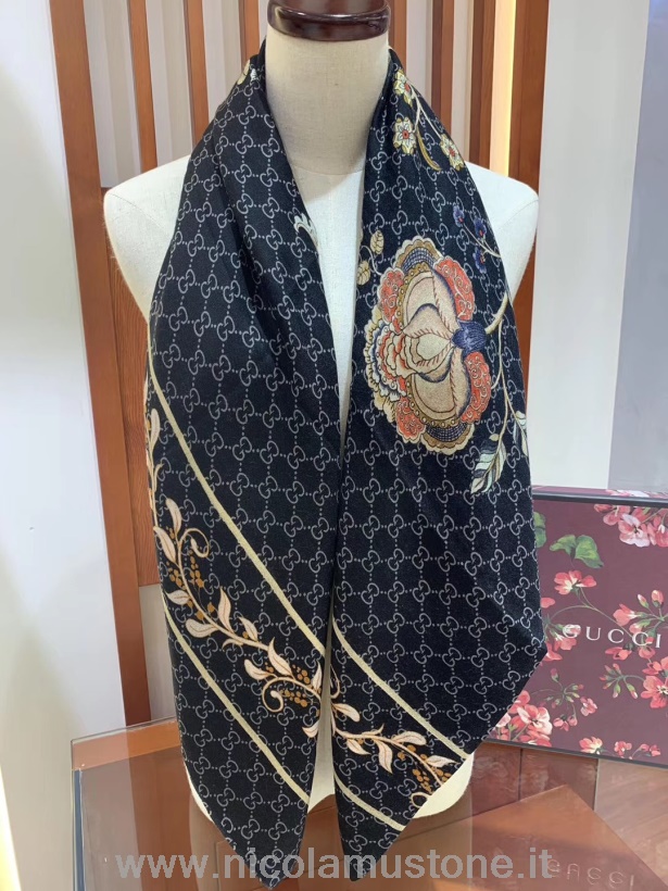 Originální Kvalitní Gucci Květinový žakárový Kašmírový šátek 200cm Kolekce Podzim/zima 2019 černá/multi