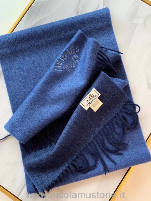 Originální Kvalita Hermes Sellier Paříž Vyšívané Kašmírové Třásně štóla šátek Kolekce Podzim/zima 2019 Tmavě Modrá