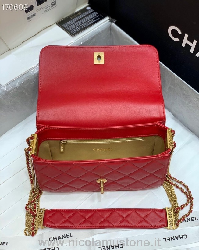 Originální Kvalita Logo Chanel řetízek Zdobená Klopou Taška 22cm Jehněčí Kůže Zlaté Hardware Kolekce Podzim/zima 2020 červená