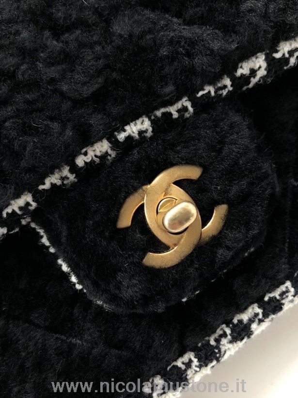Originální Kvalitní Chanel Tkaná Taška S Klopou 18cm Vlna/bavlna Zlaté Kování Podzim/zima 2020 Kolekce černá