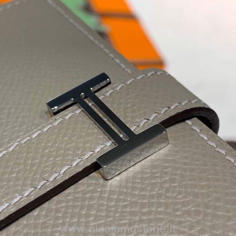 Originální Kvalitní Hermes Kompaktní Peněženka Bearn 12cm Epsom Kůže Stříbrný Hardware Etoupe
