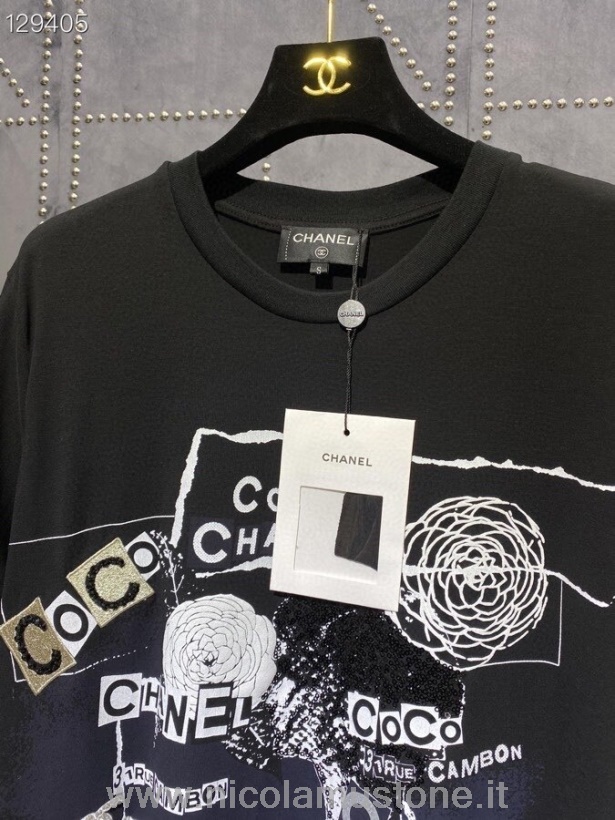 Originální Kvalitní Motiv Chanel Coco Grafické Tričko Dámský Svetr Kolekce Podzim/zima 2020 černá