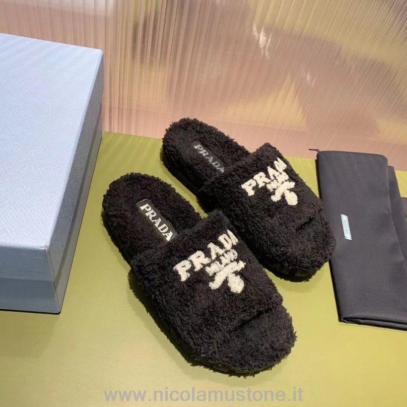 Qualità Originale Prada Sandali Slide In Pelliccia Pelle Di Vitello Collezione Autunno/inverno 2021 Nero/bianco