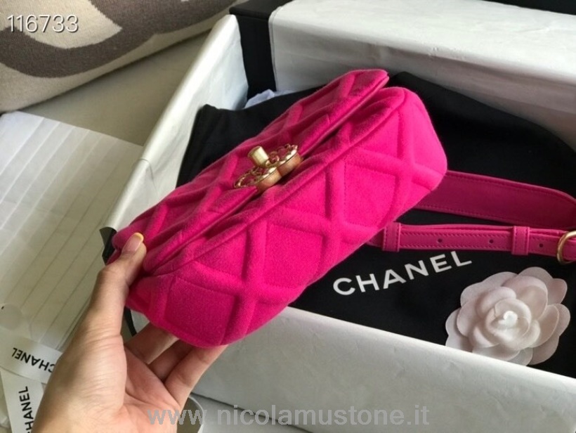 Original Kvalitet Chanel 19 Talje Bælte Taske 20 Cm Jersey/lammeskind Læder Guld Hardware Cruise 2019 Klassisk Kollektion Hot Pink