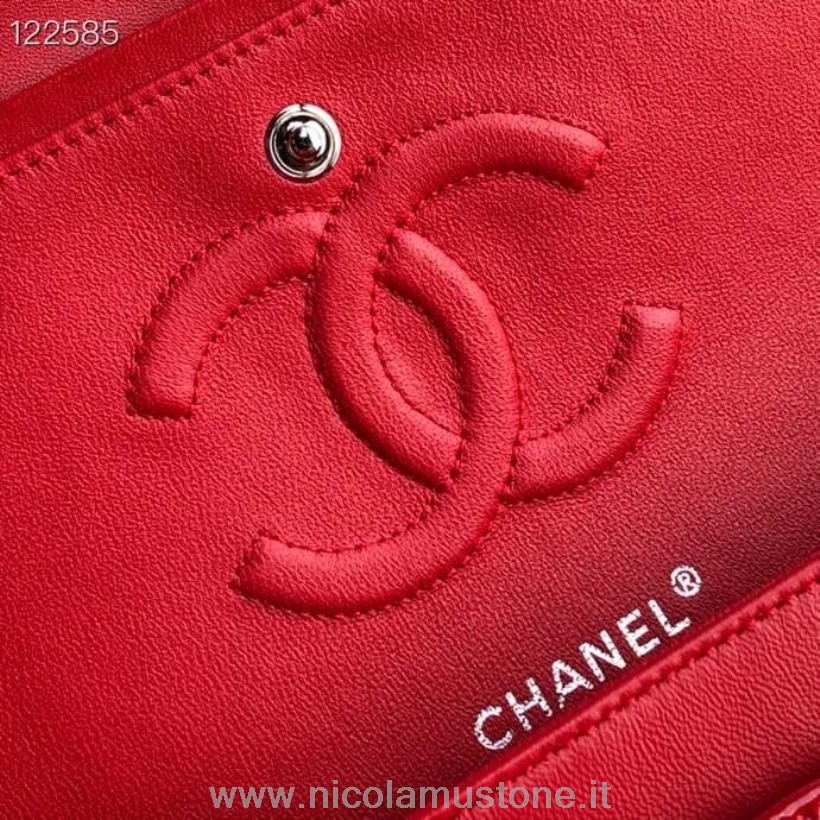Original Kvalitet Chanel Klassisk Flap Taske 25 Cm Sølv Hardware Patent Læder Forår/sommer 2020 Kollektion Rød