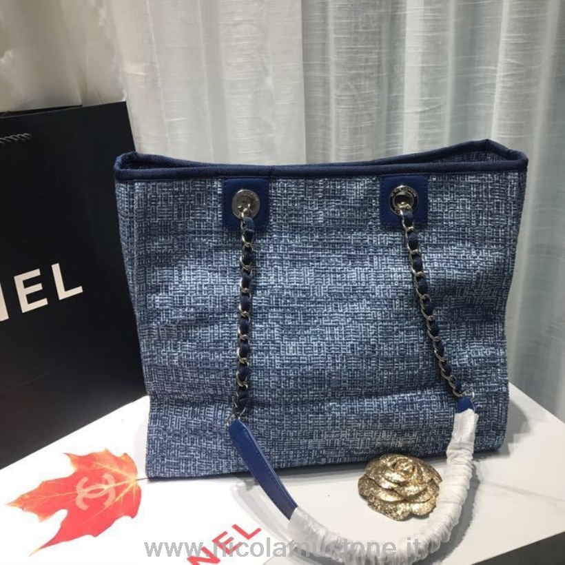 Original Kvalitet Chanel Deauville Tote 34cm Lærredstaske Forår/sommer 2019 Kollektion Lyseblå Denim Multi