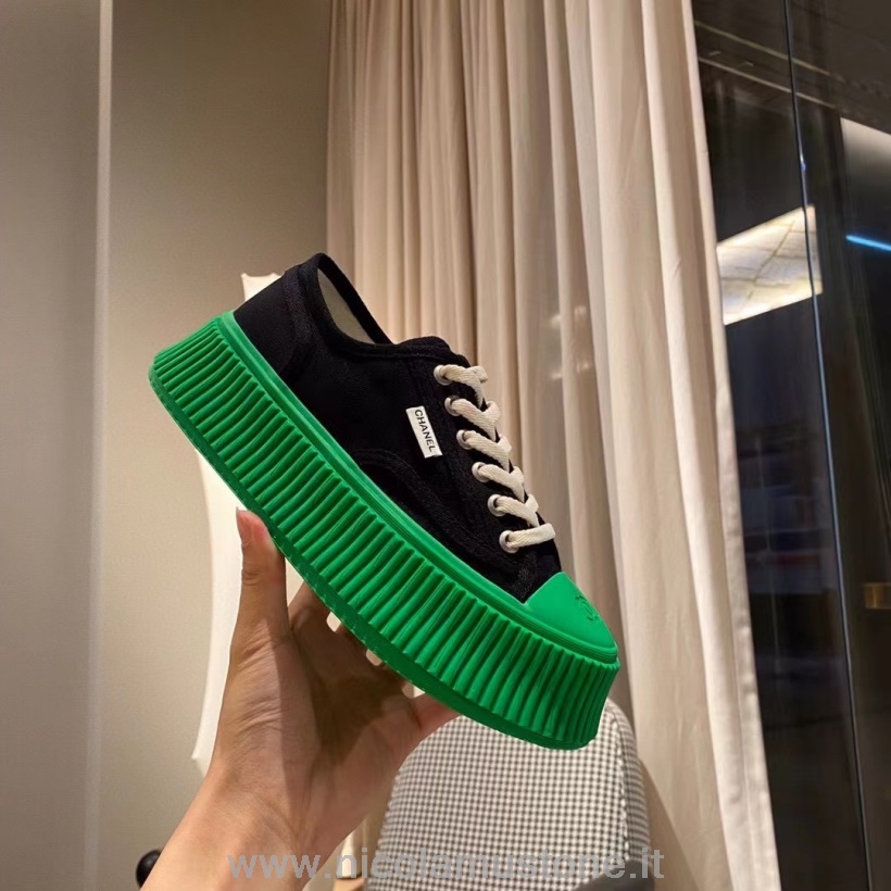 Original Kvalitets Chanel Canvas Platform Sneakers Efterår/vinter 2021 Kollektion Sort/grøn