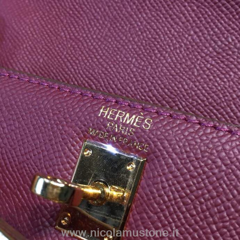 Original Kvalitet Hermes Mini Kelly Kp Pochette 22cm Epsom Kalveskind Guld Hardware Håndsyet Bordeaux