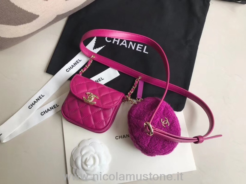 Original Kvalitet Chanel Dobbelt Talje Bælte Taske 18 Cm Tweed/lammeskind Læder Guld Hardware Cruise 2020 Kollektion Fuschia Pink